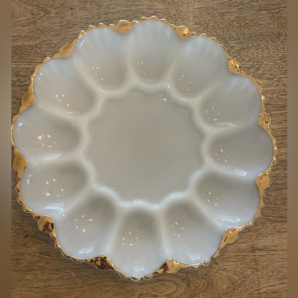 Vintage Milk Glass with gold embellishments Devilled Egg tray
